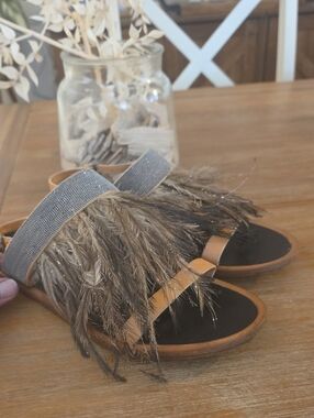 Brunello Cucinelli Ostrich Feather-Trim Slide Sandals in Brown and Black